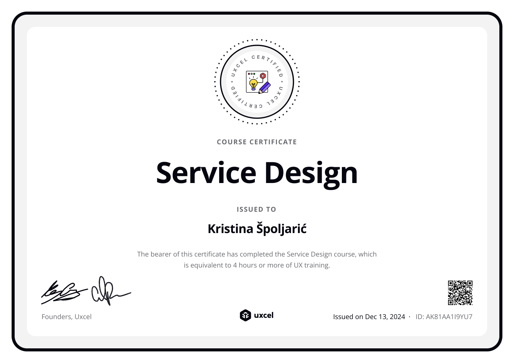 Kristina Špoljarić's certificate